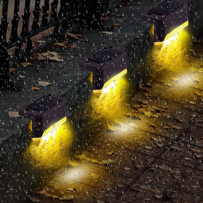 Solar Deck Lights Outdoor, 4 PCs LED Solar Fence Lights Waterproof, Garden Decorative Solar Step Lights, LED Solar Lights for Patio Porch Stairs Yard Driveway Pathway (Warm White, 24-Pack)