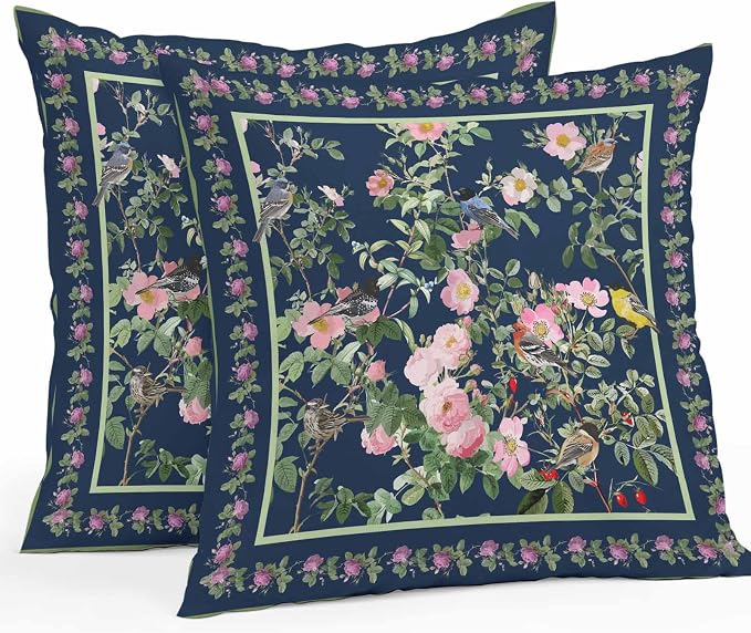 Vandarllin Outdoor Throw Pillows Covers 16x16 inch Set of 2 Waterproof Pink Floral Bird Decorative Zippered Cushion Covers for Patio Furniture, Green Leaves Branches Navy Blue Lumbar Pillowcases