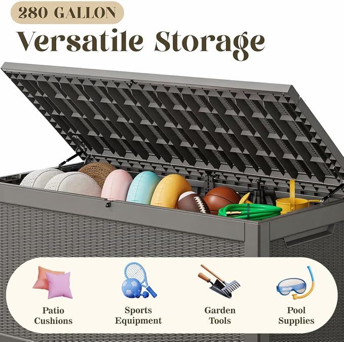 KAMABOKO 280 Gallon Outdoor Storage Box, Resin Deck Boxes Indoor and outdoor, Waterproof Storage Box Lockable Lid for Garden Tools, Package Delivery, Patio Cushions, Grey