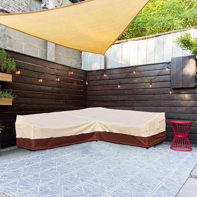 Outdoor Sectional Cover Patio Furniture Covers Waterproof Rip-Stop Anti-UV 600D Heavy Duty Couch Sofa Cover with 3 Air Vent (Beige & Reddish Brown, L-shaped 120"x90")