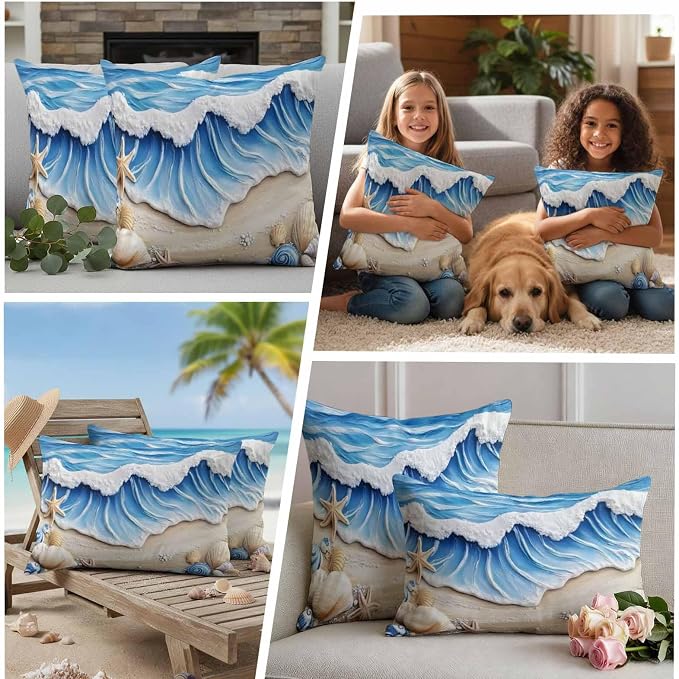 Coastal Beach Waterproof Outdoor Pillow Covers Set of 2 Home Decor, Blue Ocean Starfish Shell Seashore Sand Pillowcase Patio Pillow Covers for Couch Bench Furniture Garden 20x20in