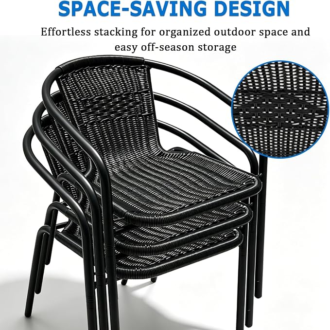 8 Pack Black Stackable Outdoor Rattan Chairs, All-Weather Patio Seating for Balcony Porch Lawn, Small Patio Furniture Set for Front Porch Decor & Outdoor Spaces
