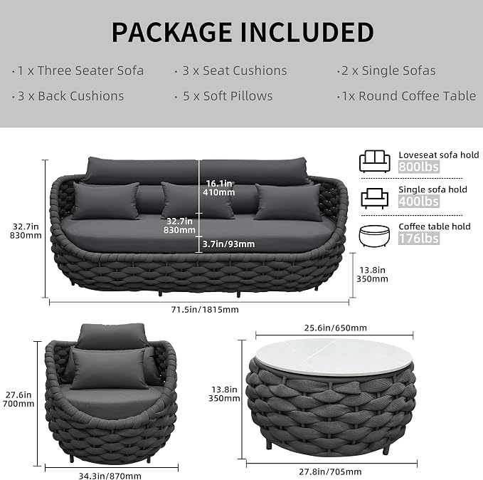 TWT Aluminum Modern Patio Set Three Seater Sofa Outdoor Furniture Set w/Coffee Table,Patio Conversation Set with Hand Woven Teslin Rope for Bedroom Backyard Poolside, Dark Grey
