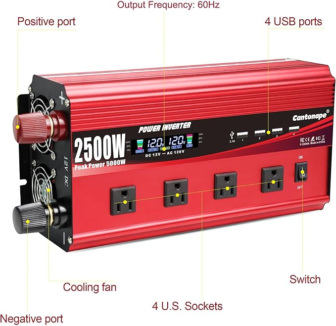 Cantonape 2500W Power Inverter 12V to 110V/120V DC to AC with LCD Display, Remote Controller 4 x AC Outlets and 4 x 3.1A USB Car Adapter for Car Truck Boat RV Solar System