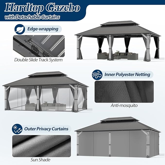 COVERONICS 12'x20' Outdoor Wood Gazebo - Hardtop Wooden Gazebo with Galvanized Steel Roof, Heavy-Duty Pavilion with Netting & Curtains for Garden, Poolside, Deck, Backyard
