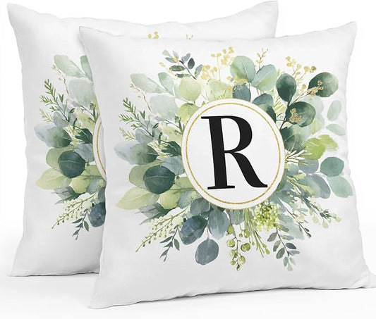 Letter R Waterproof Outdoor Pillow Covers Set of 2 Home Decor, Alphabet Green Eucalyptus Leaves Lumbar Pillowcase Patio Pillow Covers for Couch Bench Patio Furniture Garden 20x20in