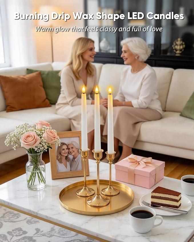 Homemory 6 Pcs Waxy Flameless Taper Candles with Remote, Led Candlesticks Classic Tall Candle, Flickering Battery Operated Taper Candles for Bedroom, Dining Room, White, 9.6 inches