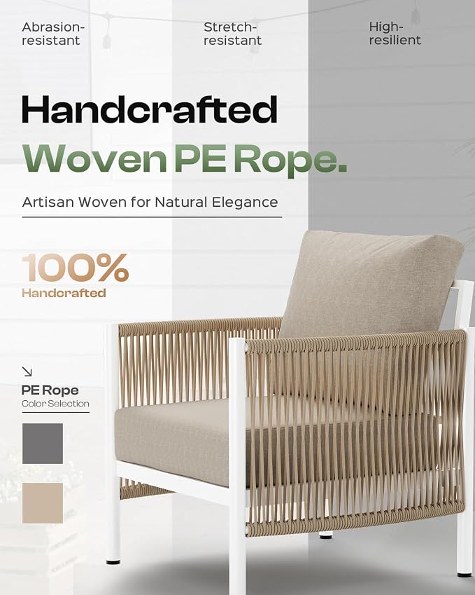 Aluminum Outdoor Patio Furniture Set with Dual-Layer Coffee Table, 4 Piece Modern Patio Conversation Sets with PE Rope, Outdoor Sectional Sofa with Thick Cushions for Balcony, Deck, Ivory