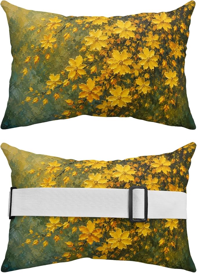 Country Wildflower Yellow Green Outdoor Pillow for Chaise Lounge Chair,Pastoral Flower Oil Painting Waterproof Headrest Lumbar Pillows with Insert&Elastic Strap for Patio Pool Garden Chairs,1 Pack