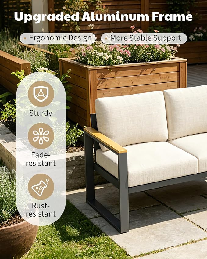Aluminum Outdoor Patio Furniture - 1 Pcs 3-Seat Sofa and Coffee Table, All-Weather Metal Modern Outside Furniture with Washable Thick Cushion for Balcony, Garden, Deck, Backyard,Beige