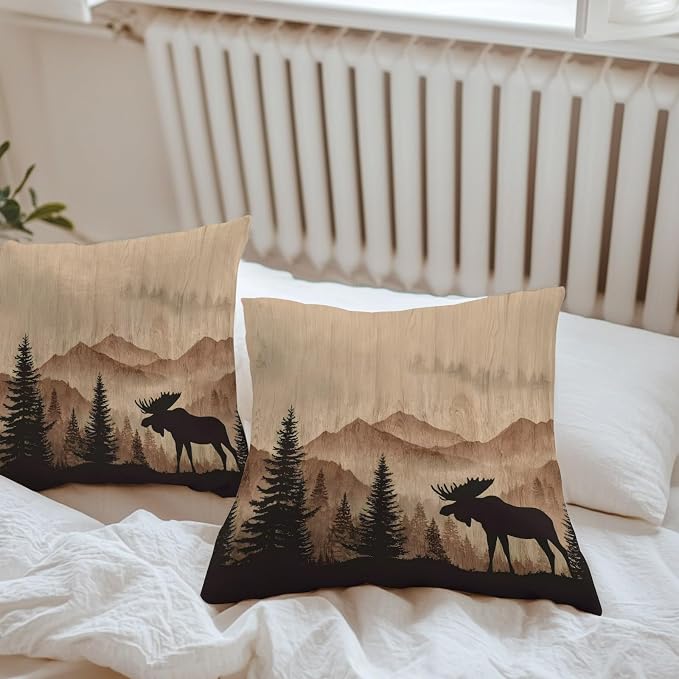 Moose Silhouette Outdoor Pillow Covers 24"x24" Set of 2, Nature Mountain Landscape Waterproof Throw Pillow Covers for Patio Furniture, Decorative Cushion Covers for Porch