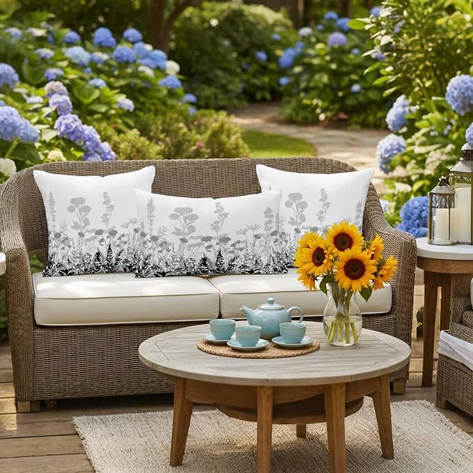 Grey Floral Rustic Waterproof Outdoor Pillow Covers Set of 2 Home Decor, Spring Farmhouse Botanical Floral Pillowcase Patio Pillow Covers for Couch Bench Furniture Garden 24x24in