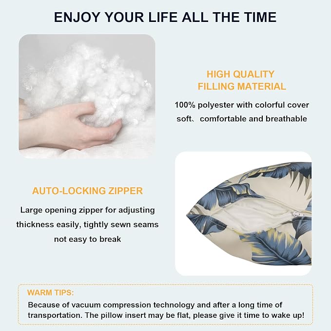 DYTXIII Pack of 2 Waterproof Outdoor Pillow with Inserts, 18x18 Square Patio Decorative Throw Pillow for Home,Sofa,Bench and Patio Furniture,Lush Palm Blue