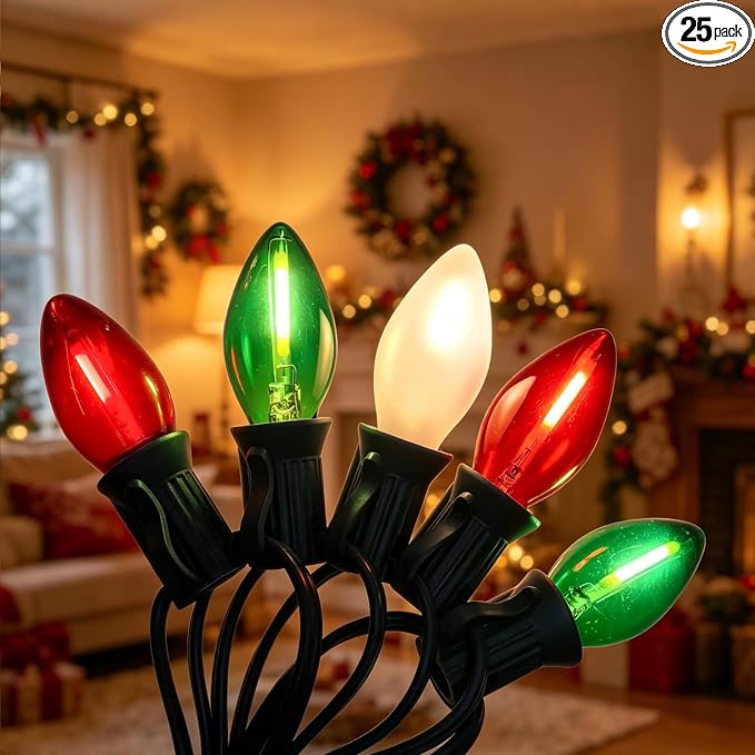 C7 LED Red White and Green Christmas Lights, 26Ft Vintage Outdoor Christmas String Lights with 27 LED Colored Bulbs, Connectable Hanging Xmas Decorations Lights for Roofline House Garden Patio Party