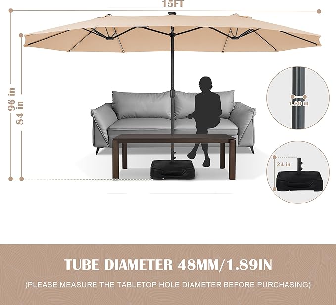 Sundale Outdoor Solar 15 ft 144 LED Olefin 5-Year-Non-Fading Patio Umbrella with Sandbag Base Included and Cover, Outdoor Double-Sided Umbrella with Lights
