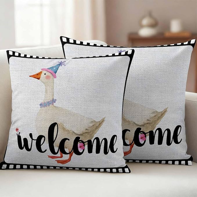 Welcome Duck Outdoor Pillow Covers 16x16 Inch Throw Pillow Covers Set of 2 Waterproof Decorative Pillow Cases Funny Animal Duck in Flim Flowers Black Gray Cushion Covers for Patio Furniture Garden