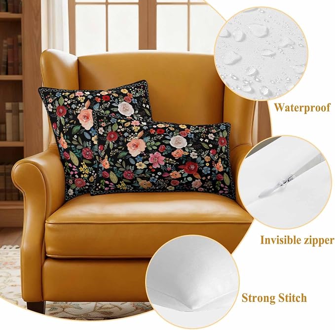 Watercolor Flowers Waterproof Outdoor Pillow Covers 24''x24'' Set of 2, Farmhouse Floral Patio Furniture Black Cushion Covers for Chairs, Decorative Vintage Wildflowers Pillow Cases for Garden/Pool