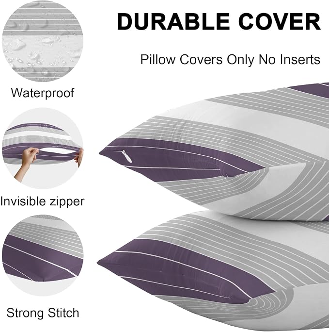 Purple Grey Stripe Outdoor Pillow Covers Waterproof, All Weather Cushion Case Set of 2, Modern Art Horizontal Striped Decorative Pillowcases for Sofa Couch Bed Decor Patio Furniture 16"x16"