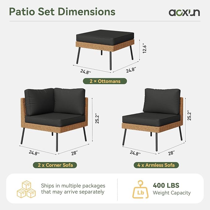 Aoxun 8 Piece Patio Furniture Set, 8 Seats Outdoor Sectional Sofas with Thick Cushion, Wicker Outdoor Patio Furniture Set with Ottomans for Party, Garden, Backyard, Black