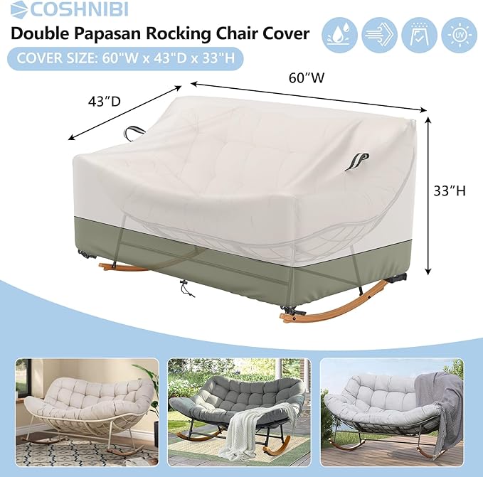 COSHNIBI Outdoor Papasan Rocking Chair Cover,Heavy Duty Waterproof Rocker Cover ,Fits for Rocking Chairs & Rattan Wicker Chairs-60"W x 43"D x 33"H,Beige