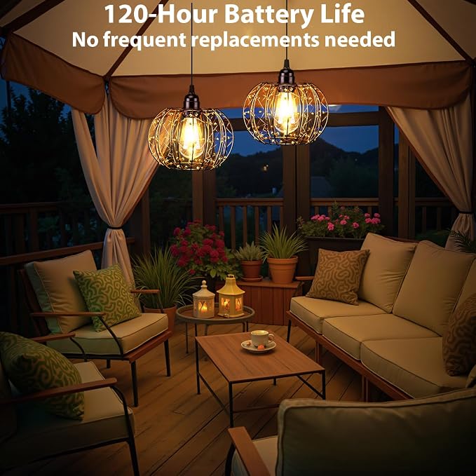 Battery Operated Hanging Chandelier Outdoor, Set of 2 with Remote, No Wiring, Boho Copper Wire Beaded Pendant Light, IP55 Weatherproof, Dimmable Timer, for Gazebo Pergola Porch Patio Decor