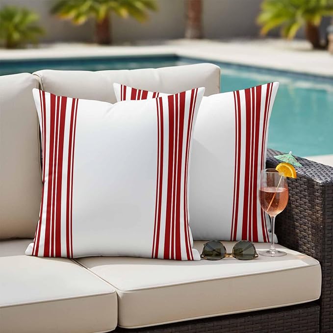 Outdoor Waterproof Throw Pillow Covers Set of 2 Red Stripes Pillowcases 26x26 Inches White Vertical Striped Decorative Pillows Cushion Case Patio Pillows for Couch Bed Chair Garden