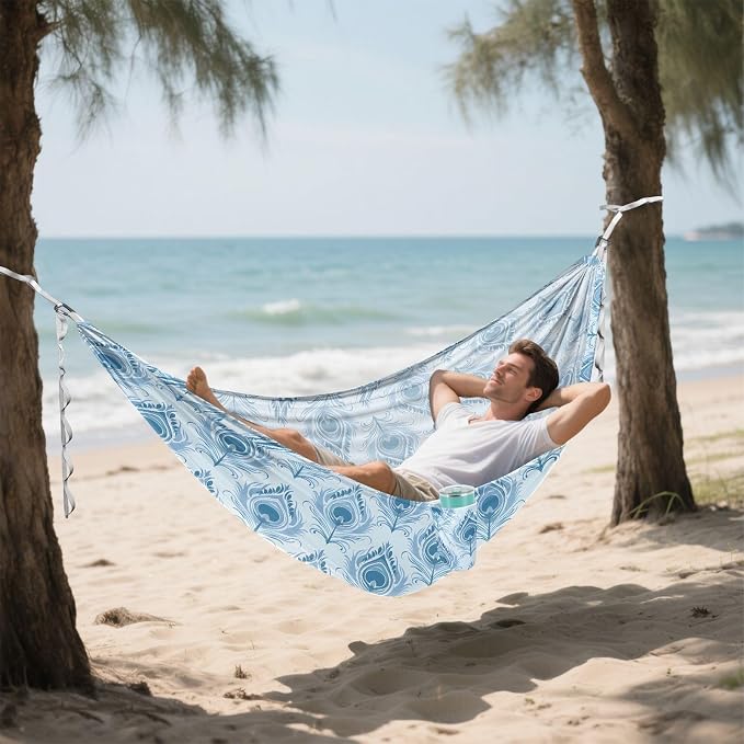 Camping Hammock Outdoor Hammocks for Outside Damask Peacock Feather Beach Trees Portable Lightweight with Pockets Tree Straps Indoor Small
