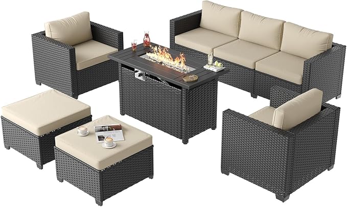 Aoxun Patio Furniture Set with Fire Pit Table, 6 Piece Outdoor Furniture Set with Wicker Ottomans, Rattan Outdoor Patio Sectional Sofas with Thickened Cushion & Waterproof Cover Beige