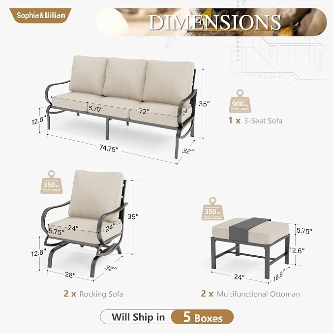 Sophia & William Patio Furniture Sets 5 Seats Outdoor Metal Conversation Sets 5 Pcs with 2 x Cushioned Swivel Sofa Chairs,1 x 3-Seat Sofa,2 x Ottomans for Coffee Lawn Backyard Poolside Beige