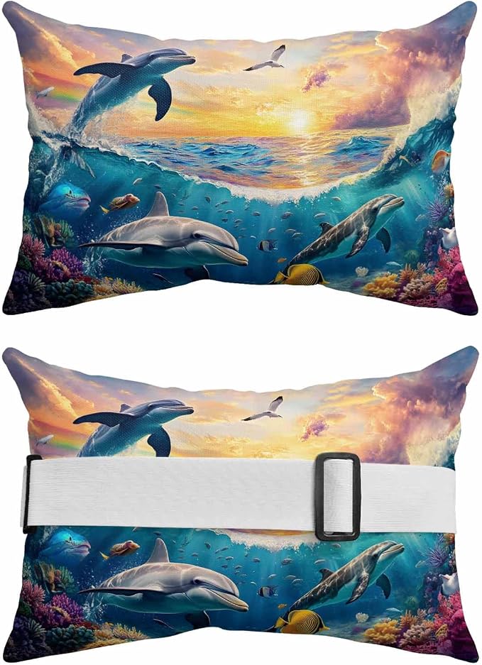 Pack of 2 Outdoor Lumbar Cushions with Inserts, Summer Ocean Dolphin Fish Animal Photography Waterproof Fluffy Fade Body Pillows, Patio Furniture Pillow for Home Balcony Garden Decor 12x20IN