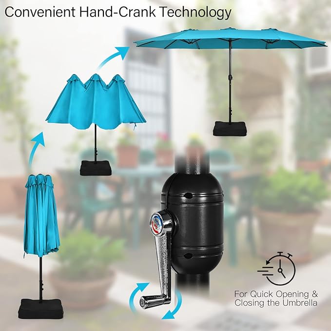 Tangkula 15FT Double-Sided Patio Umbrella with Base, Extra-Large Market Umbrella W/Crank System, Outdoor Twin Umbrella W/ 12-Rib Metal Structure & Air Vents for Garden, Backyard, Poolside (Turquoise)
