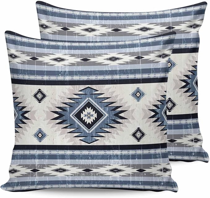 Outdoor Waterproof Throw Pillow Covers Set of 2 Blue Boho Aztec Pillowcases 20x20 Inches Southwest Tribal Geometric Patio Decorative Pillows Cushion Case Patio Pillows for Couch Bed Chair Garden
