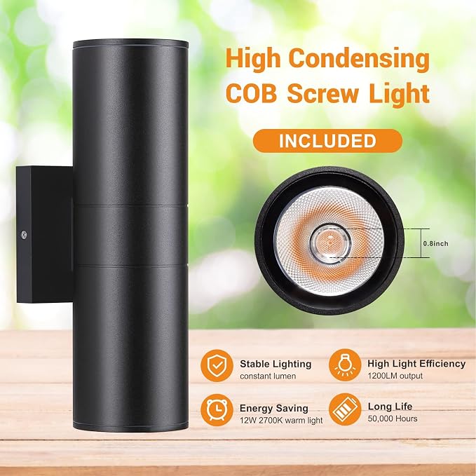 DAKAFUL Outdoor Wall Lights 2 Packs, Integrated LED Cylinder Up Down 12W 2700K Modern Aluminum Light, Waterproof Exterior Light for Porch Patio Door, Matte Black
