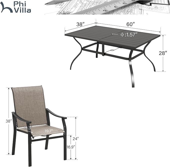 PHI VILLA Outdoor Dining Set for 6, Patio Chairs withTextilene Fabric and Metal Frame, Metal Dining Table with Umbrella Hole,Outdoor Table Chair Set for Patio