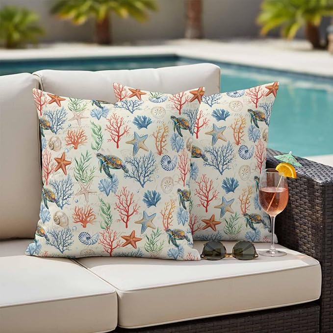 Summer Ocean Outdoor Waterproof Pillow Covers Pack of 2, Vintage Nautical Sea Turtles Shells Corals Starfish Decorative Throw Pillowcases Cushion Covers for Garden Patio Tent Sofa Couch, 16x16 inch