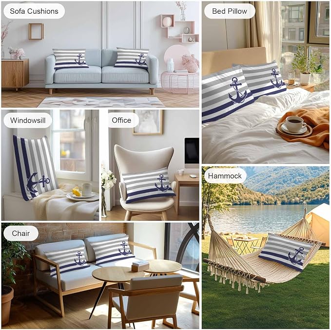 Lumbar Pillow Covers 20x12 Inch Set of 2, Anchor Gray Waterproof Outdoor Cushion Covers, Modern Navy Blue White Striped Nautical Decorative Pillowcases for Couch, Sofa, Bed, Garden, Patio