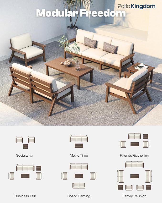 Patio Furniture Set 8 Seats, HDPE Outdoor Sectional with Beige Washable Thick Cushions, Coffee Table, Patio Conversation Sets for Lawn, Garden, Porch, Balcony, Deck (Brown Frame)