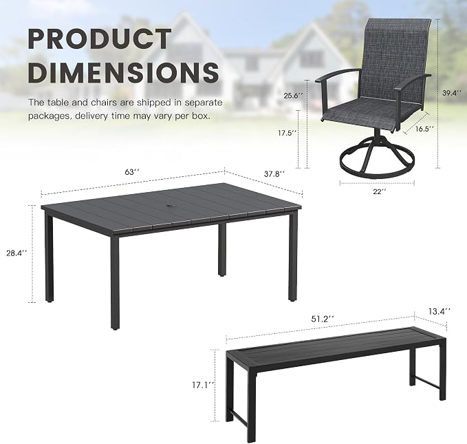 6 Pieces Patio Dining Set for 6-7 People, 63" Rectangular Patio Dining Table and Chairs Set with Outdoor Bench for Garden Deck, Black