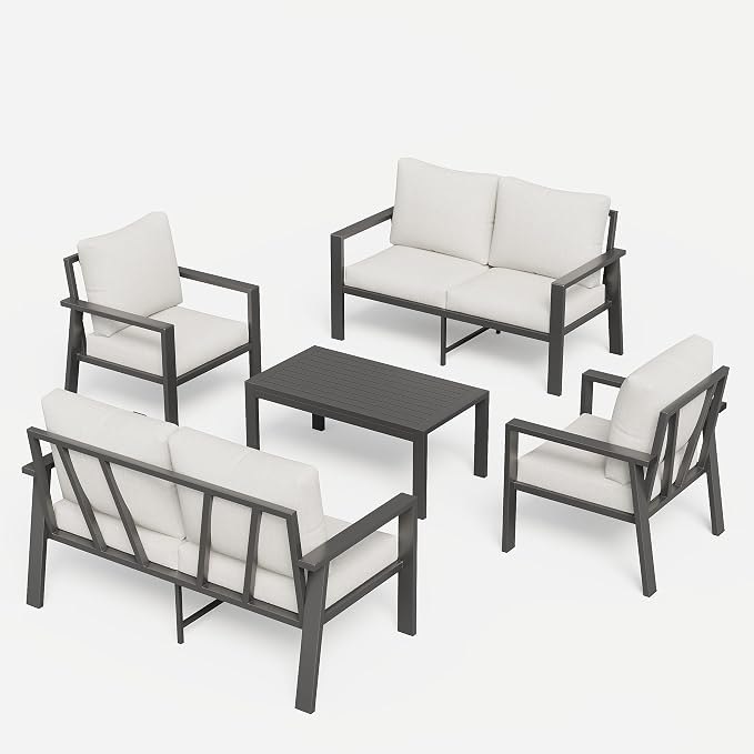 5 Pieces Aluminum Patio Furniture Set Deck Outdoor Furniture 6-Seat Patio Conversation Sets All-Weather Rust-Proof Sectional Sofa Set with Removable Cushion for Deck, Balcony, Yard, Poolside