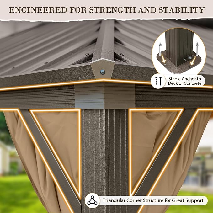 EAGLE PEAK 12x20 Hardtop Gazebo, Galvanized Steel Double Roof with Aluminum Frame, Outdoor Pavilion with Netting and Curtains for Patio, Deck, Lawn and Garden, Dark Brown/Tan