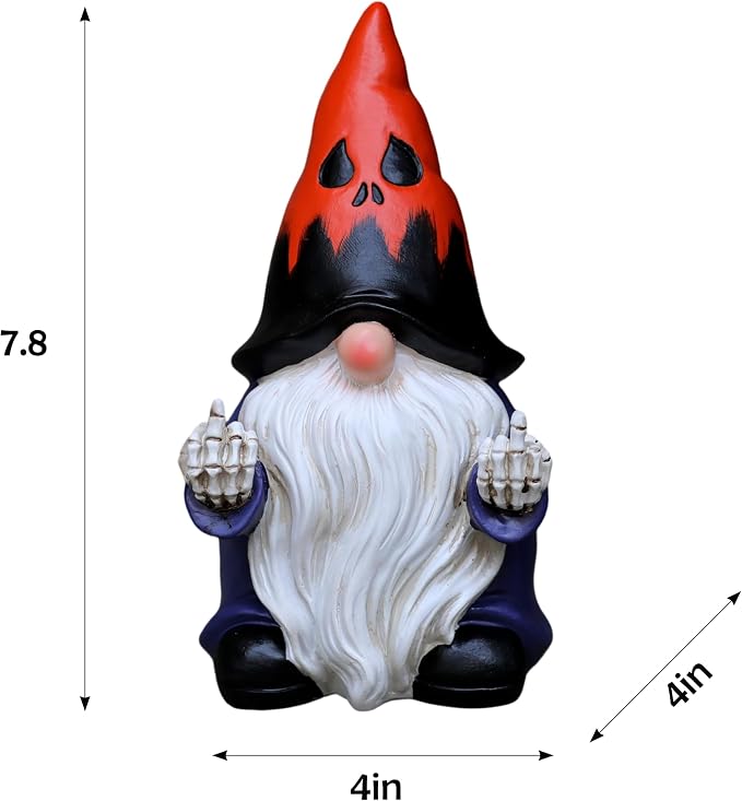 Halloween Middle Finger Gnome Statue with Skeleton Hands - Spooky Ghost Face Hat Resin Figurine 7.8in, Weather Resistant Indoor Outdoor Decor for Patio Yard Halloween Party, Novelty Edgy Gift