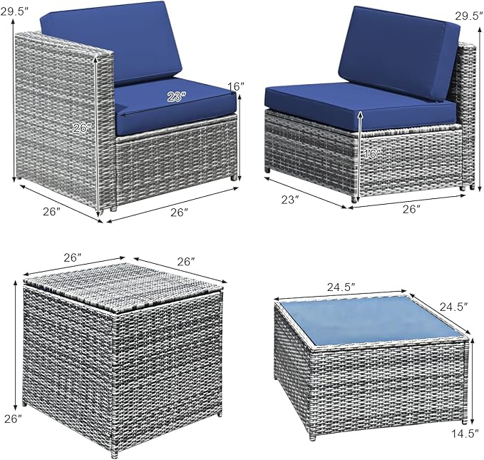 RELAX4LIFE 8-Piece Patio Furniture Set - PE Wicker Conversation Set w/Soft Cushions & Tempered Glass Storage Table, Outdoor Sectional Sofa Set for Garden, Poolside, Backyard (Navy Blue)