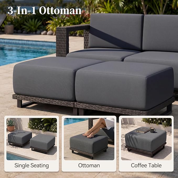 LazySunsets Patio Furniture Set, 6 Pieces Wicker Outdoor Sectional Sofa with 10'' Ultra-Thick Cushions & Ottomans, All-Weather Rattan Conversation Set for Backyard Poolside, Brown/Dark Gray