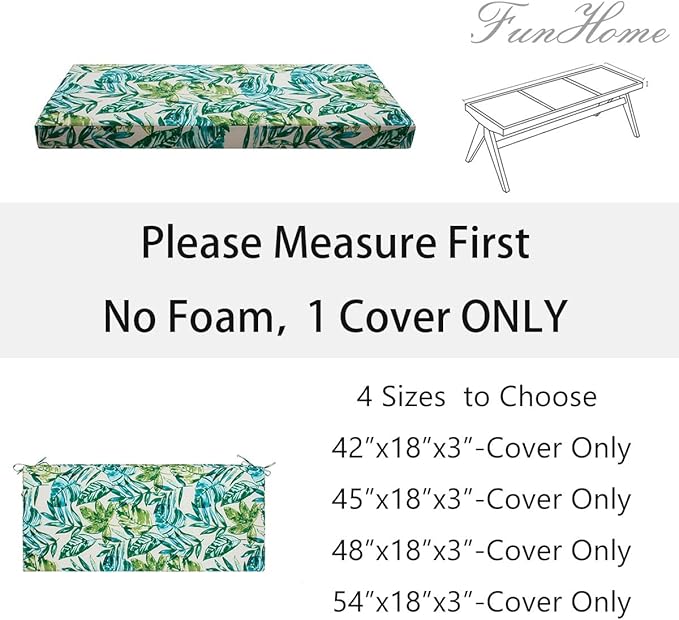 FUNHOME Outdoor Bench Cushion Cover 45 x18 x 3 inch,Water Resistant Cover with Zipper&Ties,Fade-Resistant Slipcover,Patio Porch Swing Cushion Cover Replacement Only,No Insert(Palm Leaf)