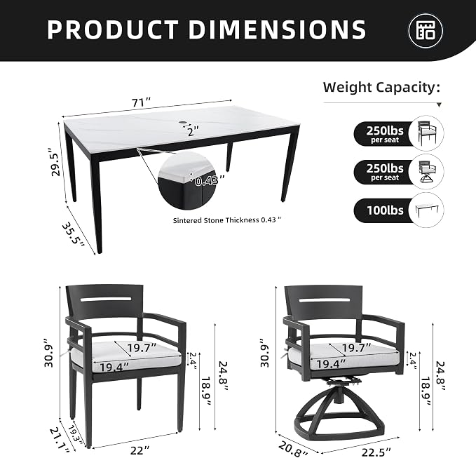 7PC Aluminum Outdoor Patio Dining Set, 71" Rectangular Dining Table with White Marble Sintered Stone Top, 4 Chairs & 2 Cushioned Swivel Rockers, All-Weather Patio Furniture