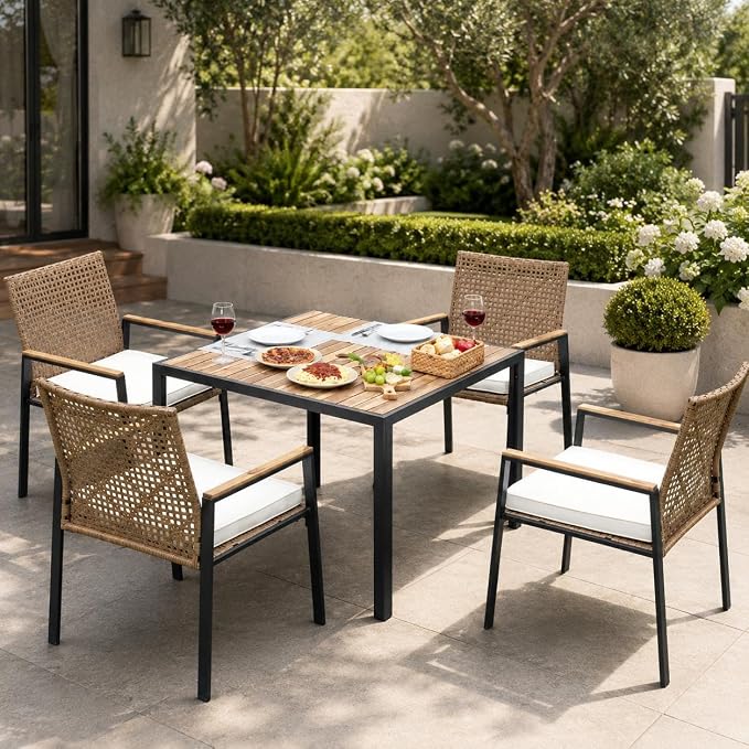 Outdoor Rattan 5 Piece Patio Dining Table Set Yellow Cushions Acacia Wood Top with Umbrella Hole All Weather 43 Inches for Backyard Deck Poolside Summer BBQ Essentials Aesthetic Backyard