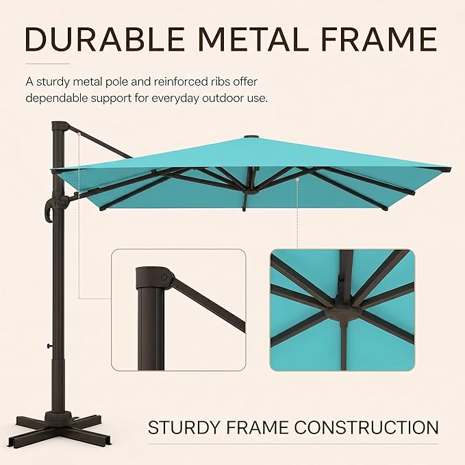 Kingdura 9' X 9' Cantilever Patio Umbrella with Base Included, Large Square Outdoor Offset Umbrella with 360-degree Rotation, 4 Position Tilt, UV Protection for Pool Deck Garden Patio (Peacock blue)