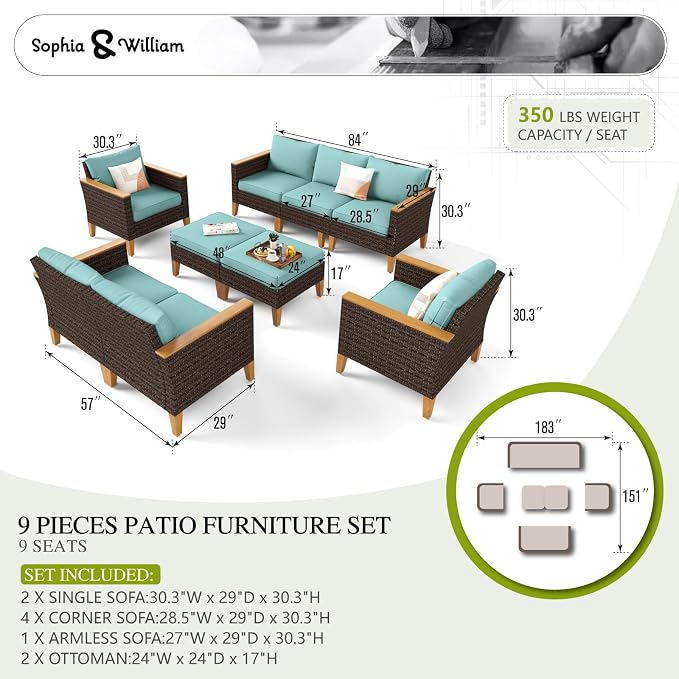 Sophia & William Patio Furniture Sets, 9 Piece Sectional Outdoor Rattan Wicker Sofa, All Weather Patio Conversation Set for Deck Backyard Lawn, Outdoor Couch, Blue