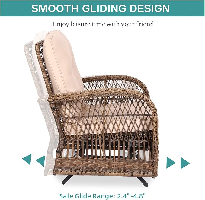 MEETWARM 3 Pieces Outdoor Patio Wicker Rocking Glider Set, Rocking Chairs Rattan Patio Furniture Sets with Thickened Cushion and Glass-Top Coffee Table, Conversation Bistro Set for Porch & Backyard