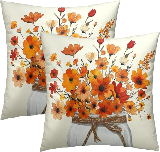 Autumn Flower Throw Pillow Covers 16 x 16 Inches Set of 2,Watercolor Orange Floral Jar Fall Seasonal Pillowcase Square Cushion Cover for Home Living Room Bed Sofa Car